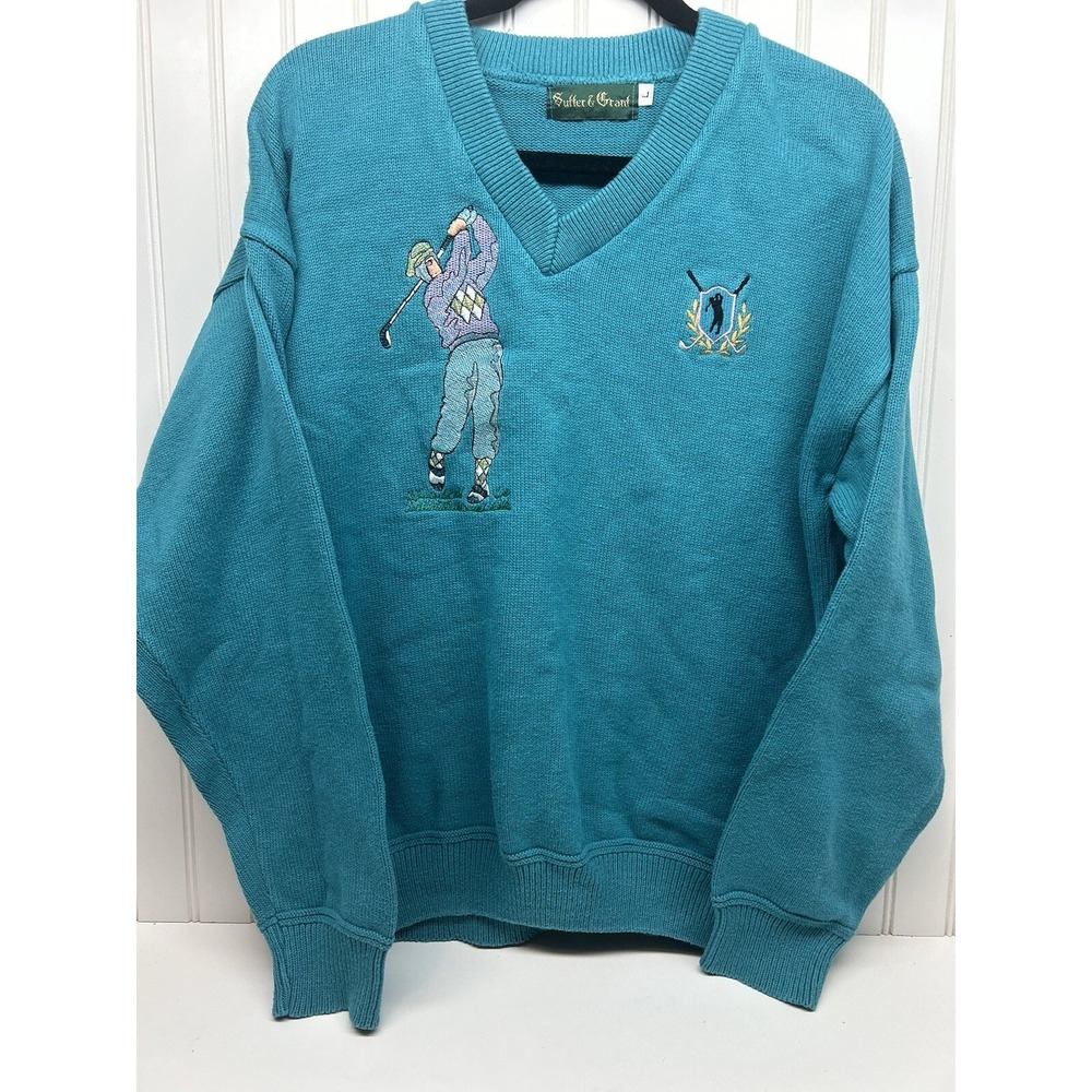 Vintage Sutter & Grant L Large Men's Golf Themed Knit Sweater Made In USA